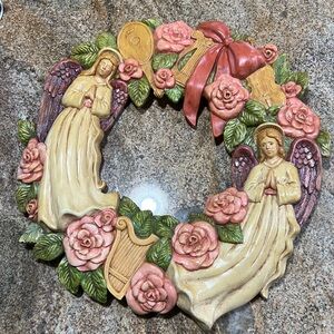 Vintage ceramic Chalkware angel and instruments roses wreath religious